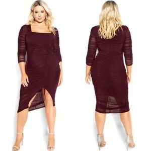 NWT City Chic Annalise Ruched Mesh Midi Dress in Oxblood Sz. 12